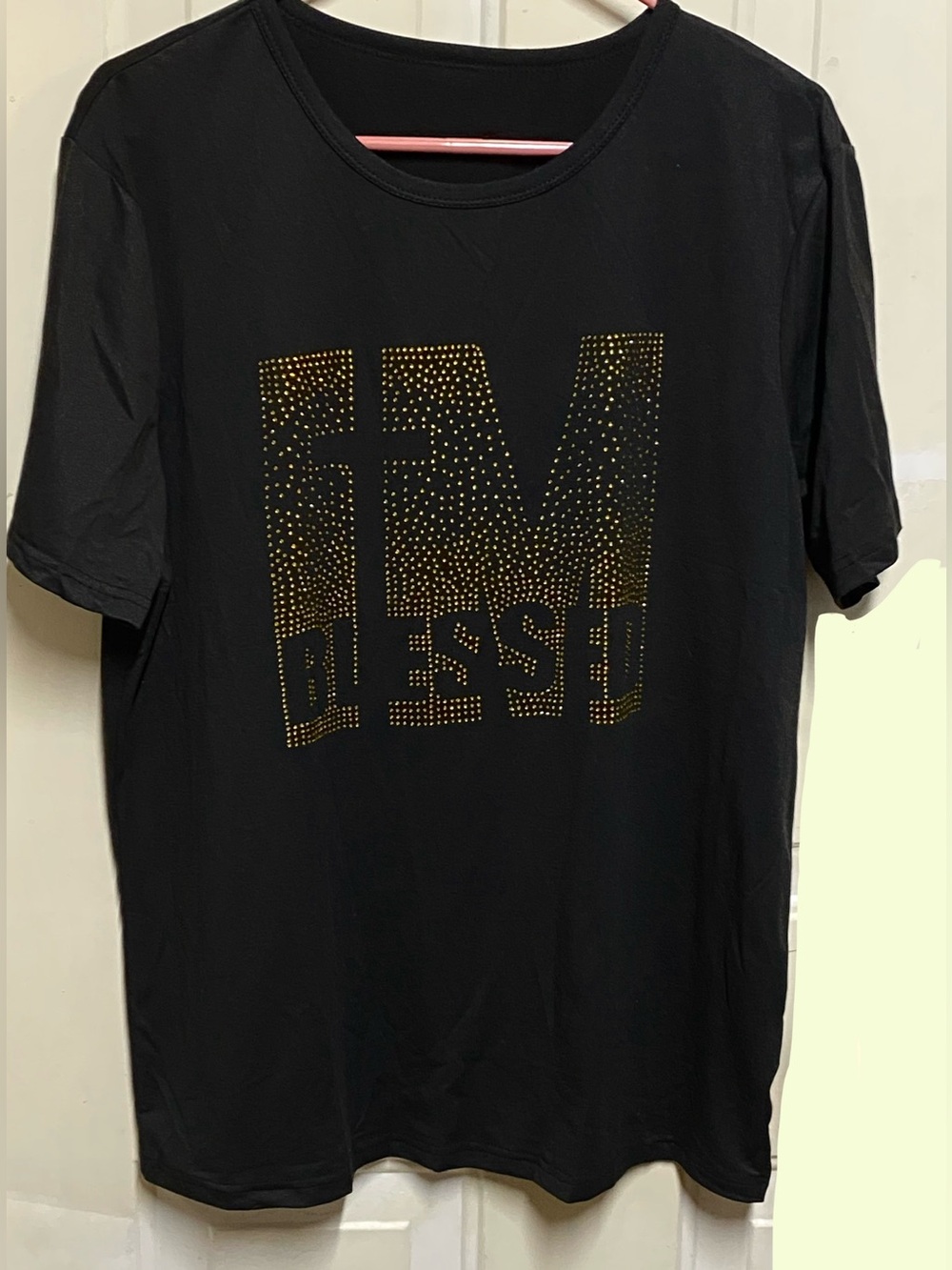 Black Graphic Tee “BLESSED” Studded Rhinestone Shirt  Sz. 42”Chest  26.5”Length